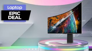 Samsung Odyssey G9 OLED curved gaming monitor on a platform against gray background with multicolors splashes
