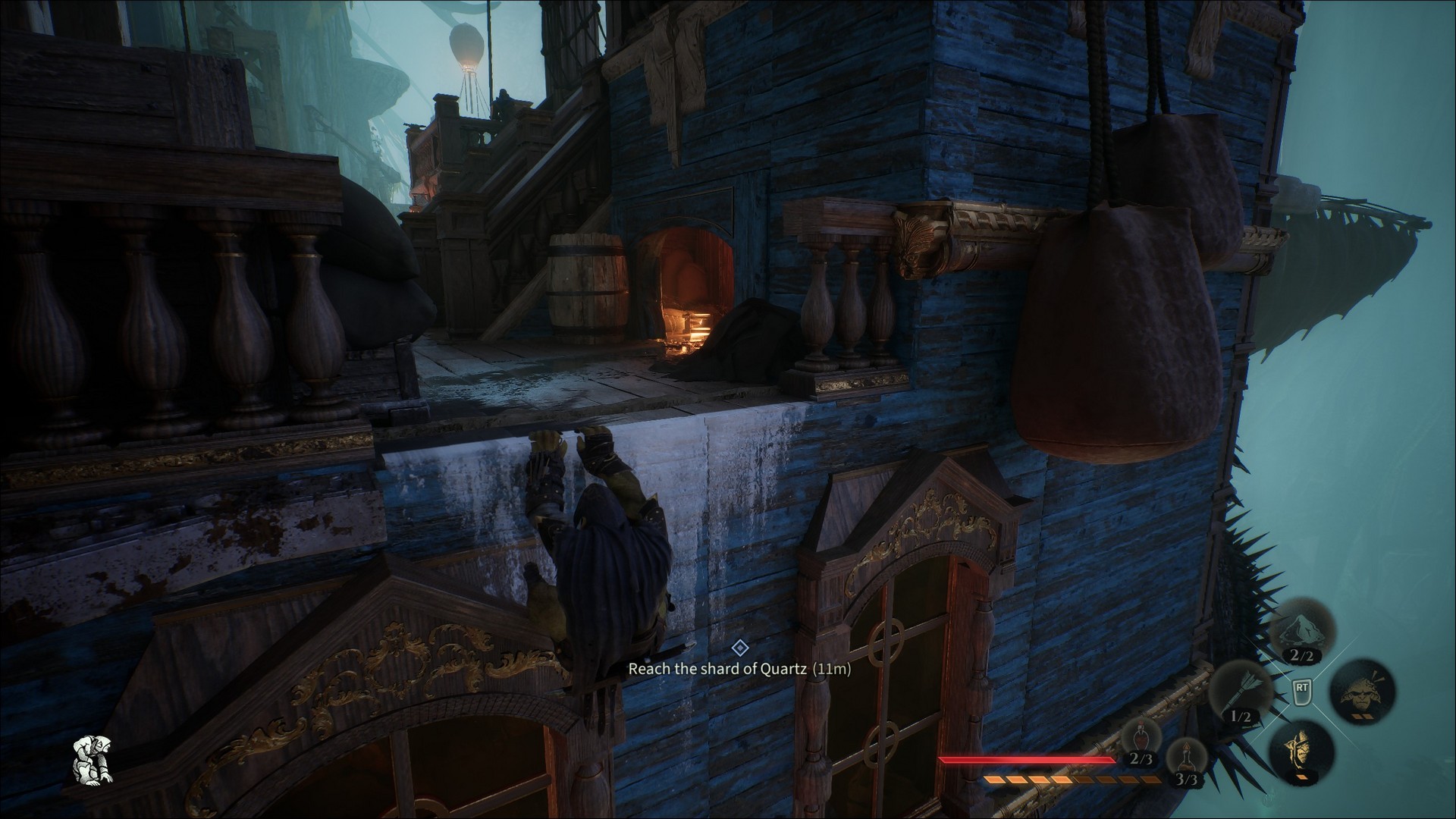 Styx hangs off an airship in Styx: Blades of Greed
