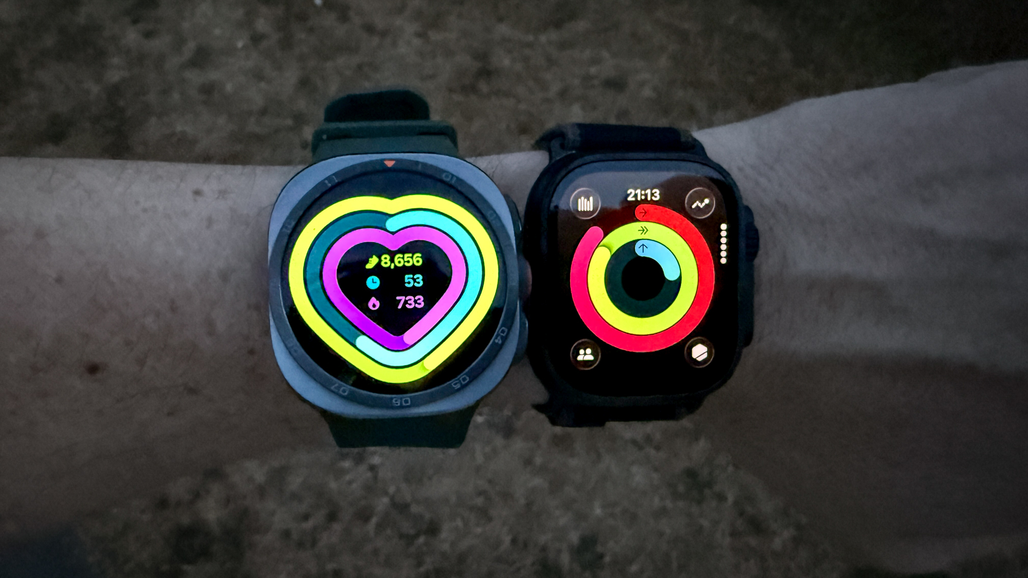 The Samsung Galaxy Watch Ultra 2 and Apple Watch Ultra 2 on a wrist outside