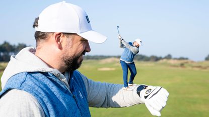 Peter Finch looking at his Shot Scope GPS watch, reading 150 yards from his position in the fairway to the pin, with a smaller inset image of Peter Finch appearing to stand on his own arm while at the top of his backswing with an iron