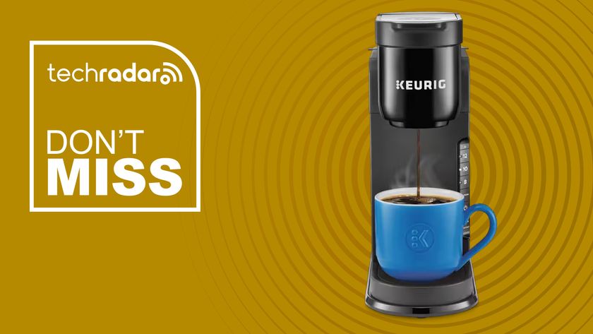 Keurig K-Express Single Serve K-Cup Pod Coffee Maker with blue cup on yellow background with don&#039;t miss TechRadar icon