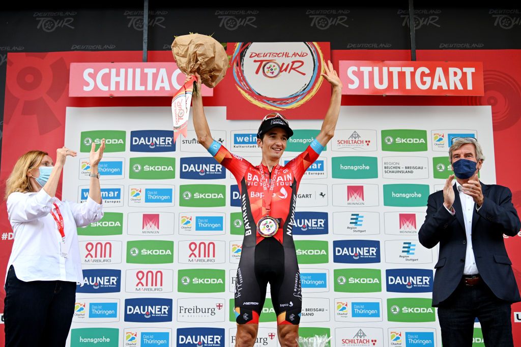 STUTTGART GERMANY AUGUST 28 Pello Bilbao Lpez of Spain and Team Bahrain Victorious celebrates at podium as stage winner during the 37th Deutschland Tour 2022 Stage 4 a 1866km stage from Schiltach to Stuttgart DeineTour on August 28 2022 in Stuttgart Germany Photo by Stuart FranklinGetty Images