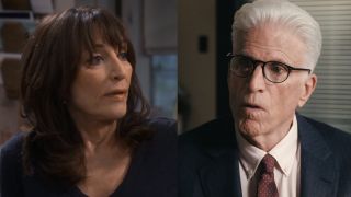 Side by side: Katey Sagal as Louise in kitchen in The Conners Season 5; Ted Danson's Charles in office in A Man on the Inside Season 2