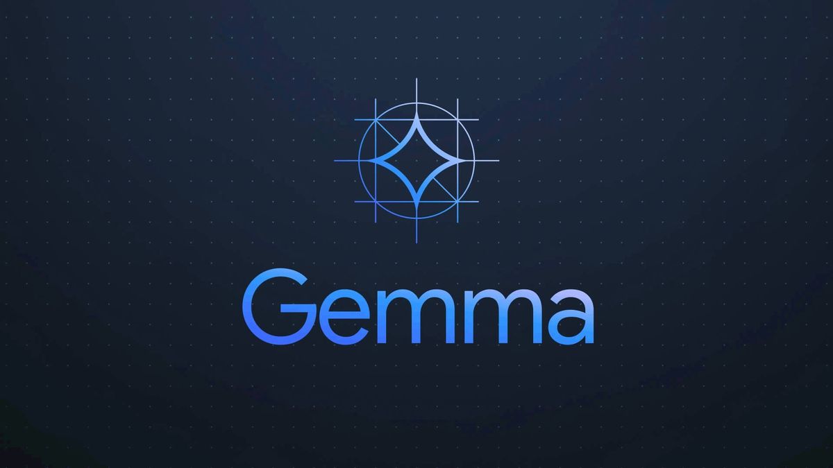 Google Gemma open large language model branding and logo in light blue text on a dark blue background