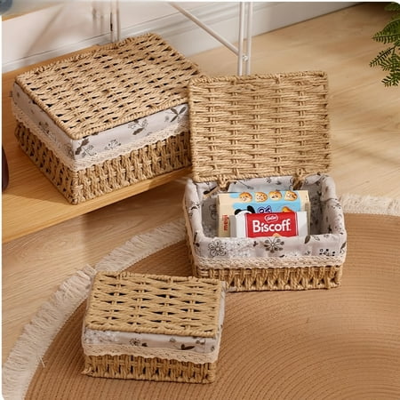 Mehoom Set of 3 Wicker Baskets, With Removable Lids and Liner, Decorative Storage Baskets for Organizing