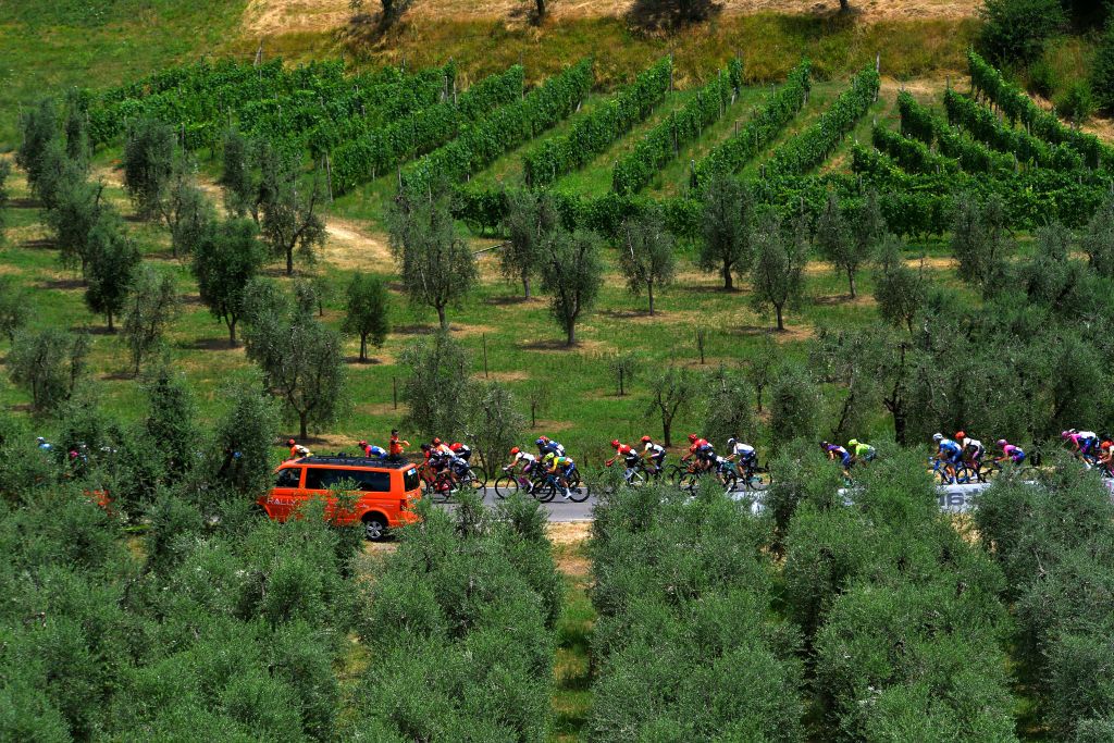 PUEGNAGO DEL GARDA ITALY JULY 08 The peloton passing through vineyard landscape during the 32nd Giro dItalia Internazionale Femminile 2021 Stage 7 a 1096km stage from Soprazocco di Gavardo to Puegnago Del Garda 219m GiroDonne UCIWWT on July 08 2021 in Puegnago del Garda Italy Photo by Luc ClaessenGetty Images