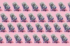four rows of small blue shopping carts filled with hundred-dollar bills with a bright pink background