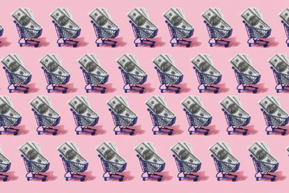 four rows of small blue shopping carts filled with hundred-dollar bills with a bright pink background