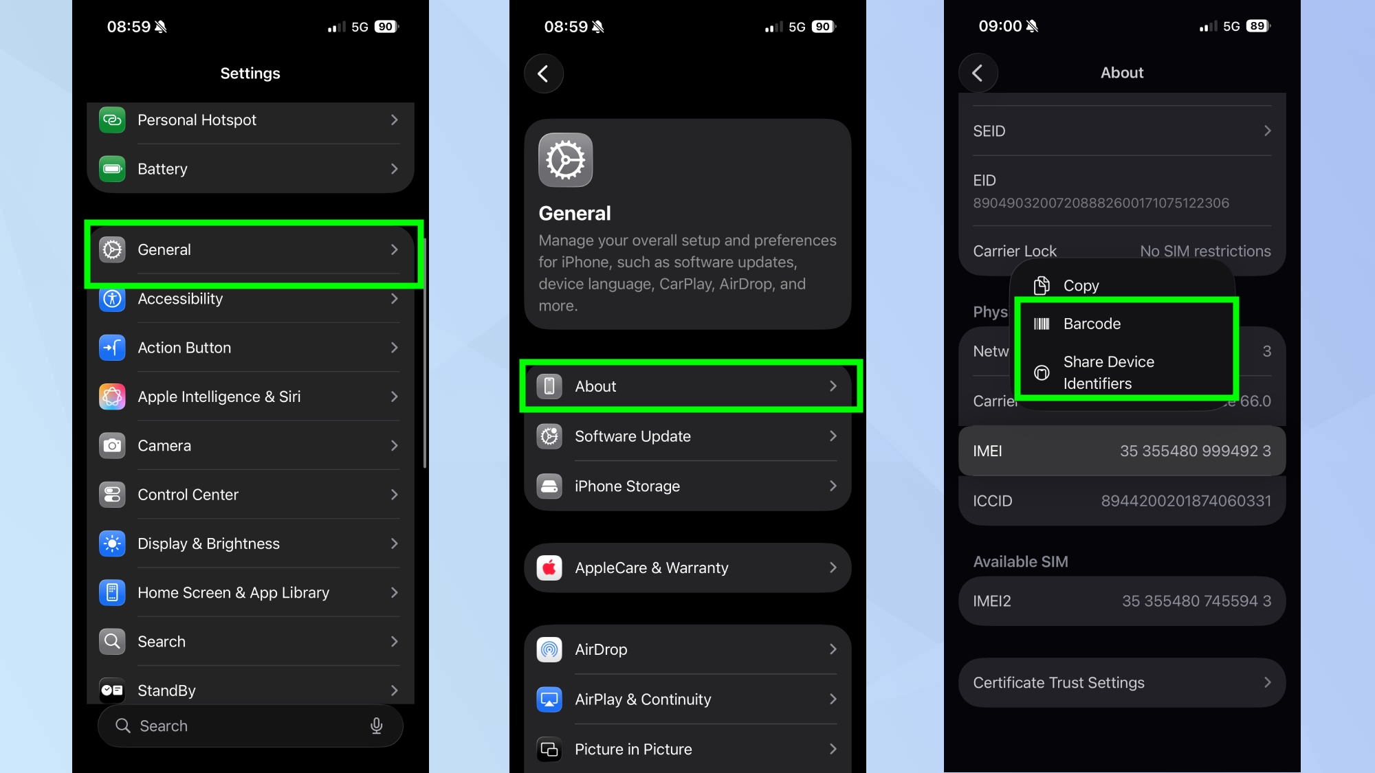 IMEI barcode settings on iPhone