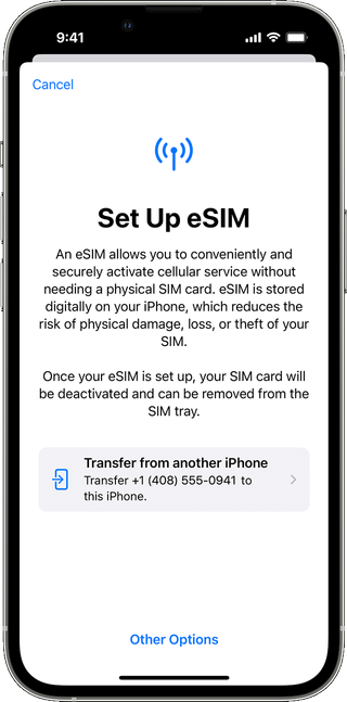 Screenshot of Quick Transfer of eSIM on an iPhone using iOS 16