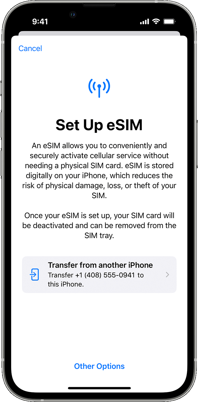 Screenshot of quick eSIM transfer on an iPhone running iOS 16