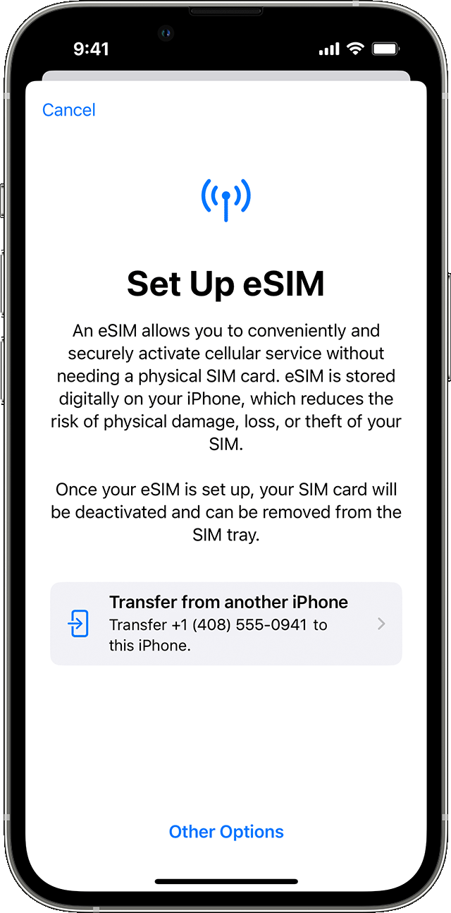 لقطة شاشة للنقل السريع لشريحة eSIM على iPhone باستخدام iOS 16