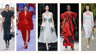 5 models on the runway wearing spring summer trends Chloe, Balmain, Simone Rocha, Alexander McQueen, Kenzo