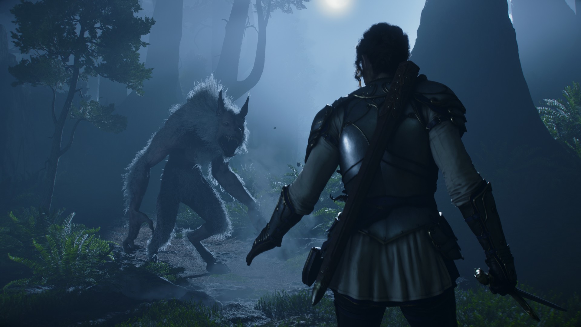 The Hero encounters a Balverine in a forest at night, lit by the moon in Fable (2027) for Xbox Series X