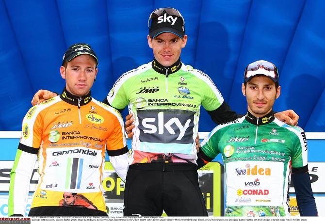 The jerseys on stage 1a of Coppi e Bartali (L-R): best young rider Davide Villella, overall leader Ben Swift and mountains leader Mirko Tedeschi
