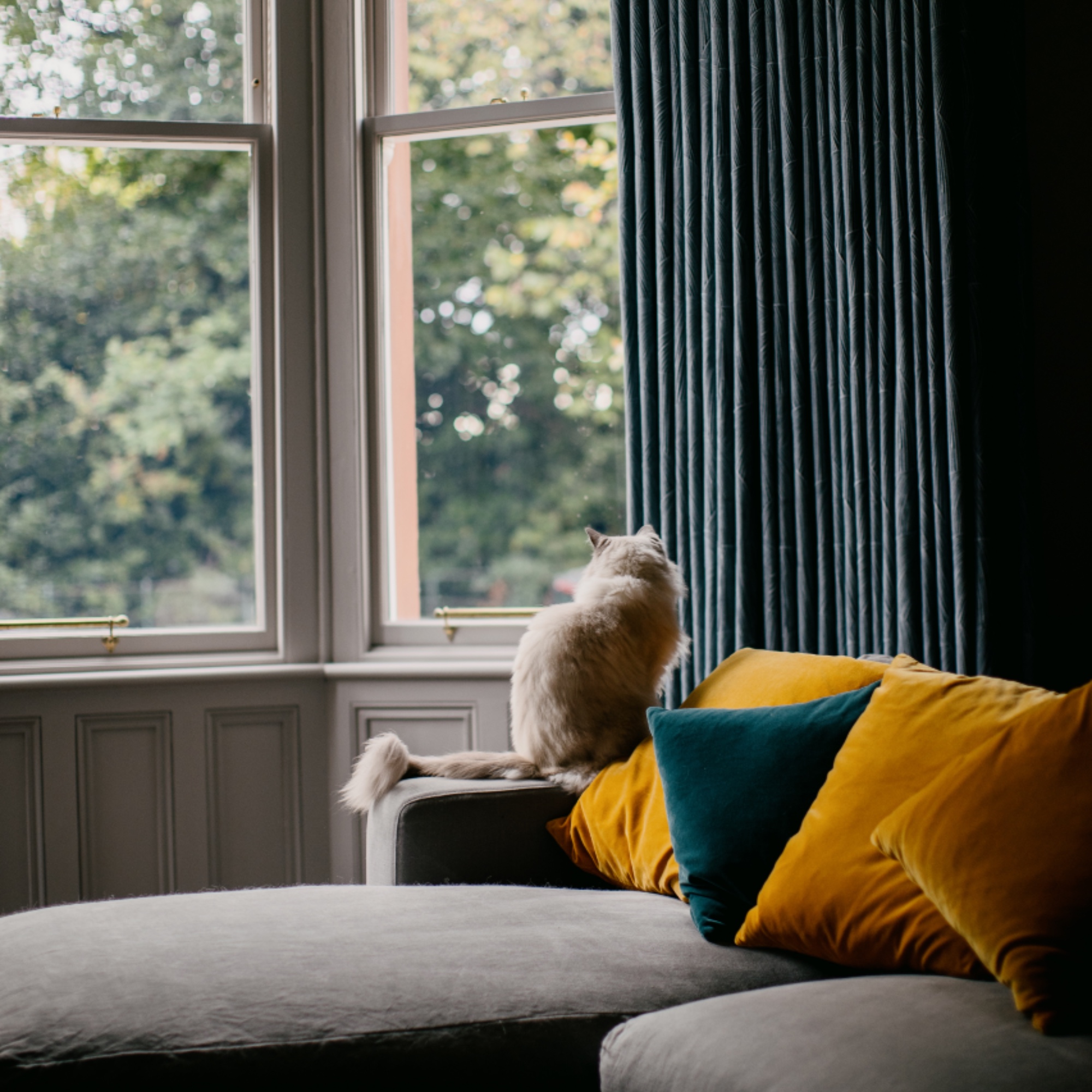 living room with bay window, curtains and L-shaped sofa, turmeric and teal cushions
