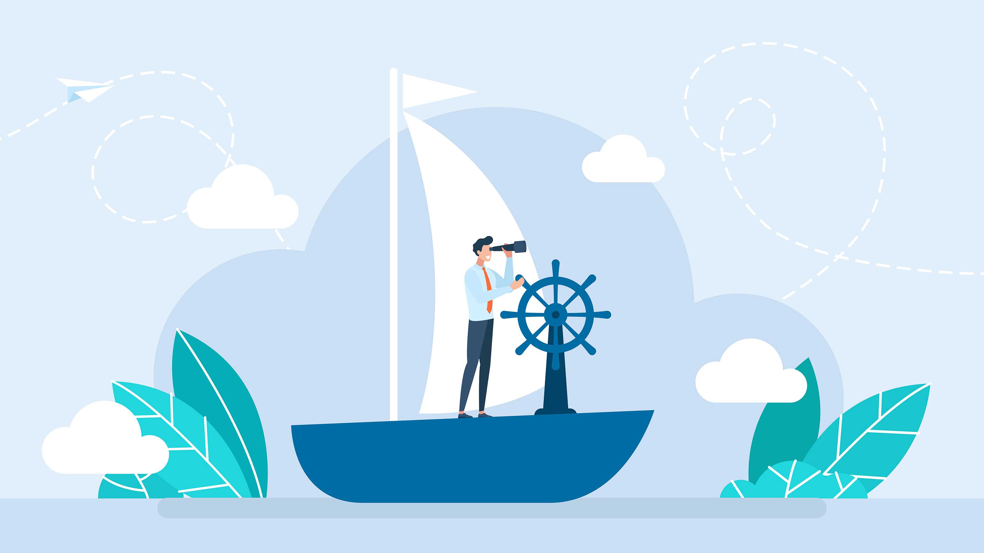 Businessman navigating a sailboat