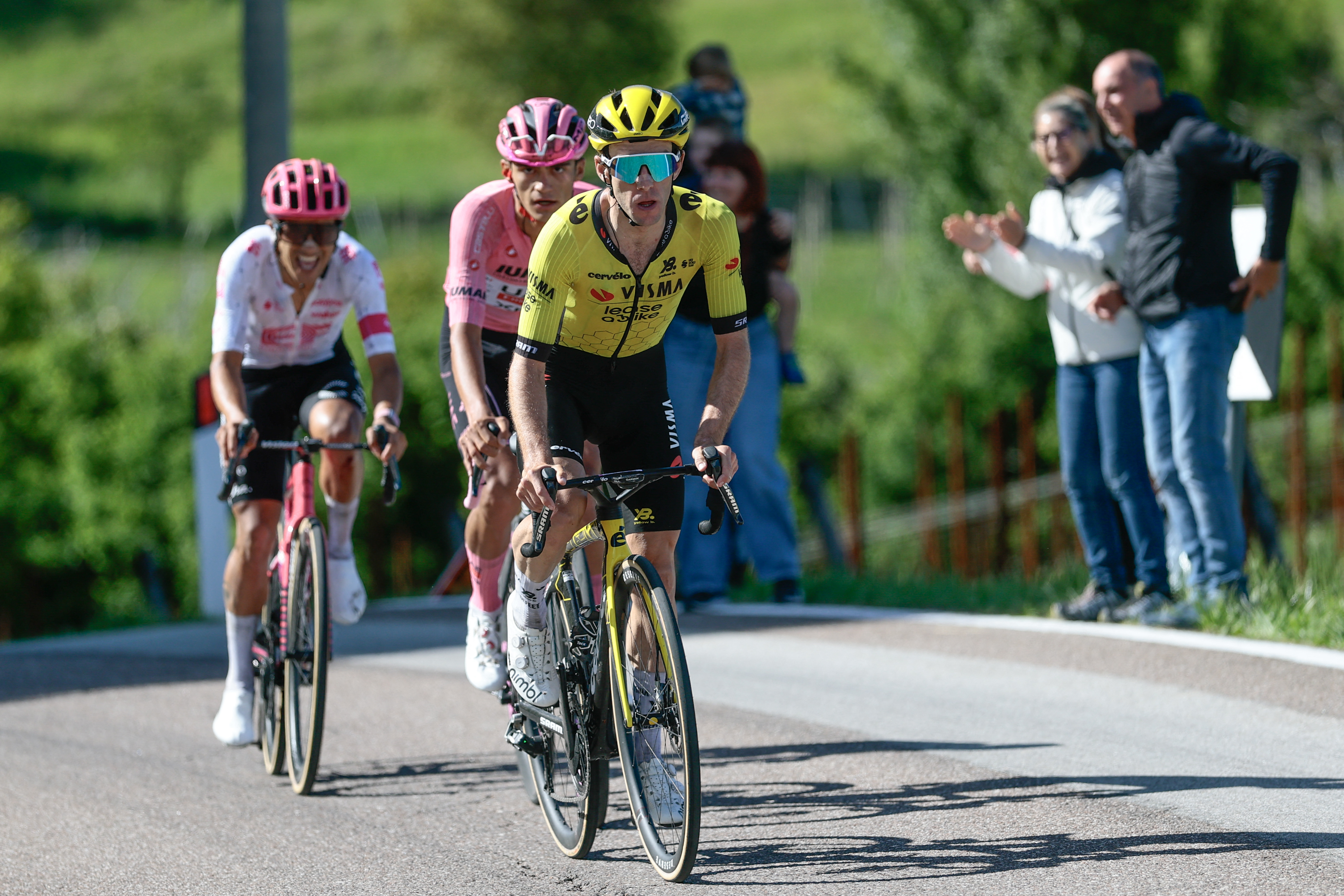Team Visma-Lease a Bike's British rider Simon Yates (R) rides in the ascent of San Valentino during the 16th stage of the 108th Giro d'Italia cycling race of 203kms from Piazzola sul Brenta to San Valentino on May 27, 2025. (Photo by Luca Bettini / AFP) (Photo by LUCA BETTINI/AFP via Getty Images)