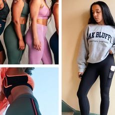 Product collage of leggings with pockets with old navy, lululemon, girlfriend collective 