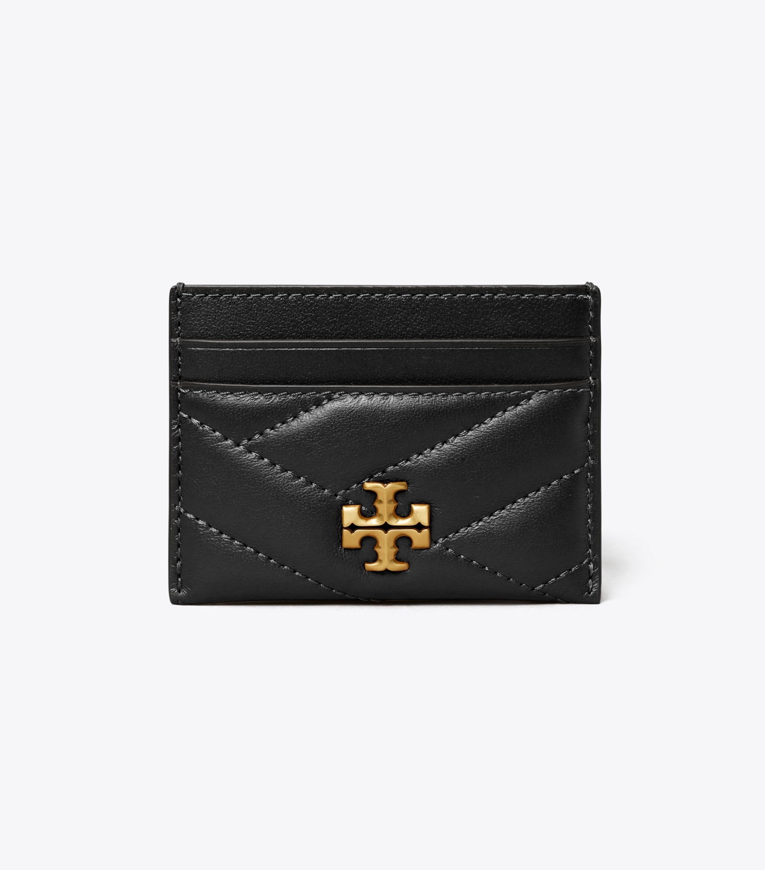 black leather card case with Tory Burch logo