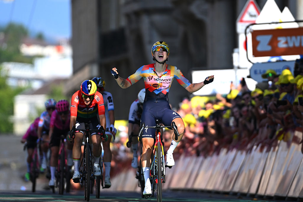 LAUSANNE, SWITZERLAND - AUGUST 01: Lorena Wiebes of Netherlands and Team SD Worx - Protime celebrates at finish line as stage winner during the 5th Tour de France Femmes 2026, Stage 1 a 138km stage from Lausanne to Lausanne / #UCIWWT / on August 01, 2026 in Lausanne, Switzerland. (Photo by Tim de Waele/Getty Images)