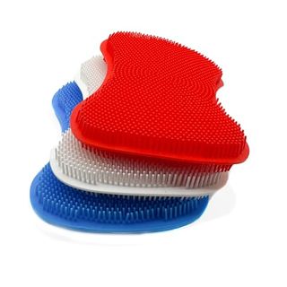 A stack of 3 Lubrima Silicone Sponges Kitchen in blue, white and red