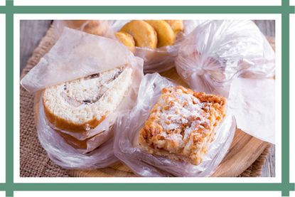 Cakes being wrapped in bags and frozen