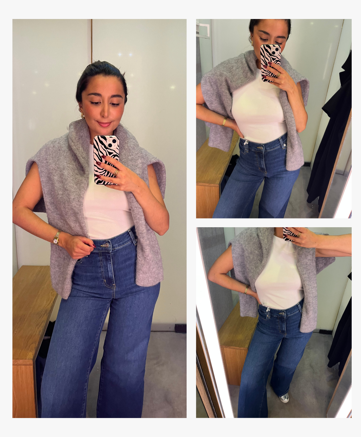 Senior Shopping Editor Marina Avraam wearing Frame's Palazzo jeans with a white top and grey jumper on her shoulders.