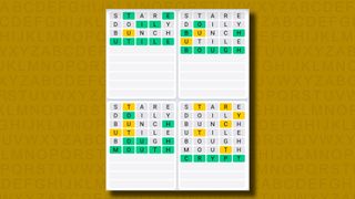 Quordle daily sequence answers for game 950 on a yellow background