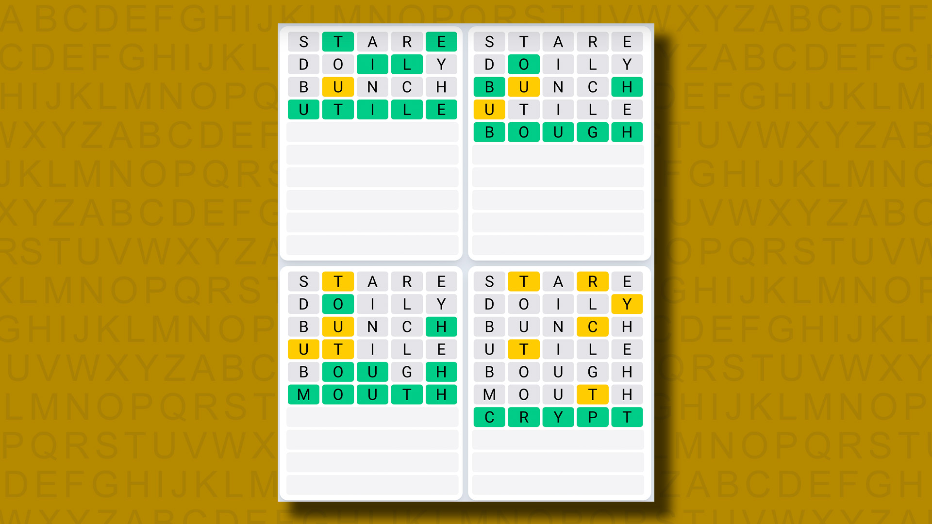 Quordle day-to-day sequence solutions for game 950 on a yellow background