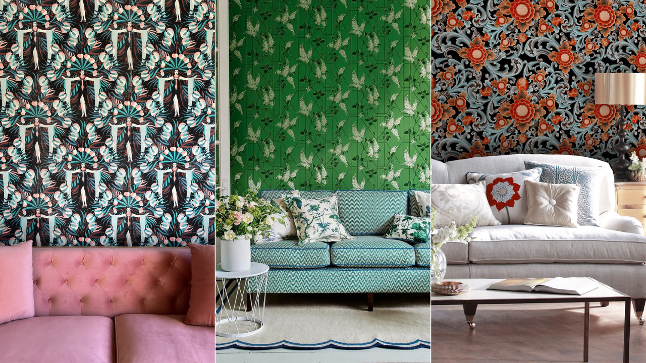 Three images of patterned wallpapers and couches