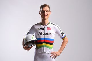 Tony Martin tries out his time trial wold champion's skinsuit