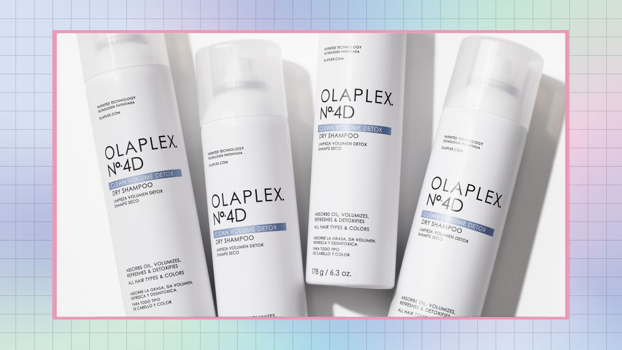 Image of four Olaplex Dry Shampoo bottles with multicolored border