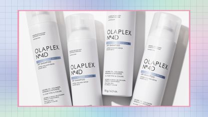 Image of four Olaplex Dry Shampoo bottles with multicolored border