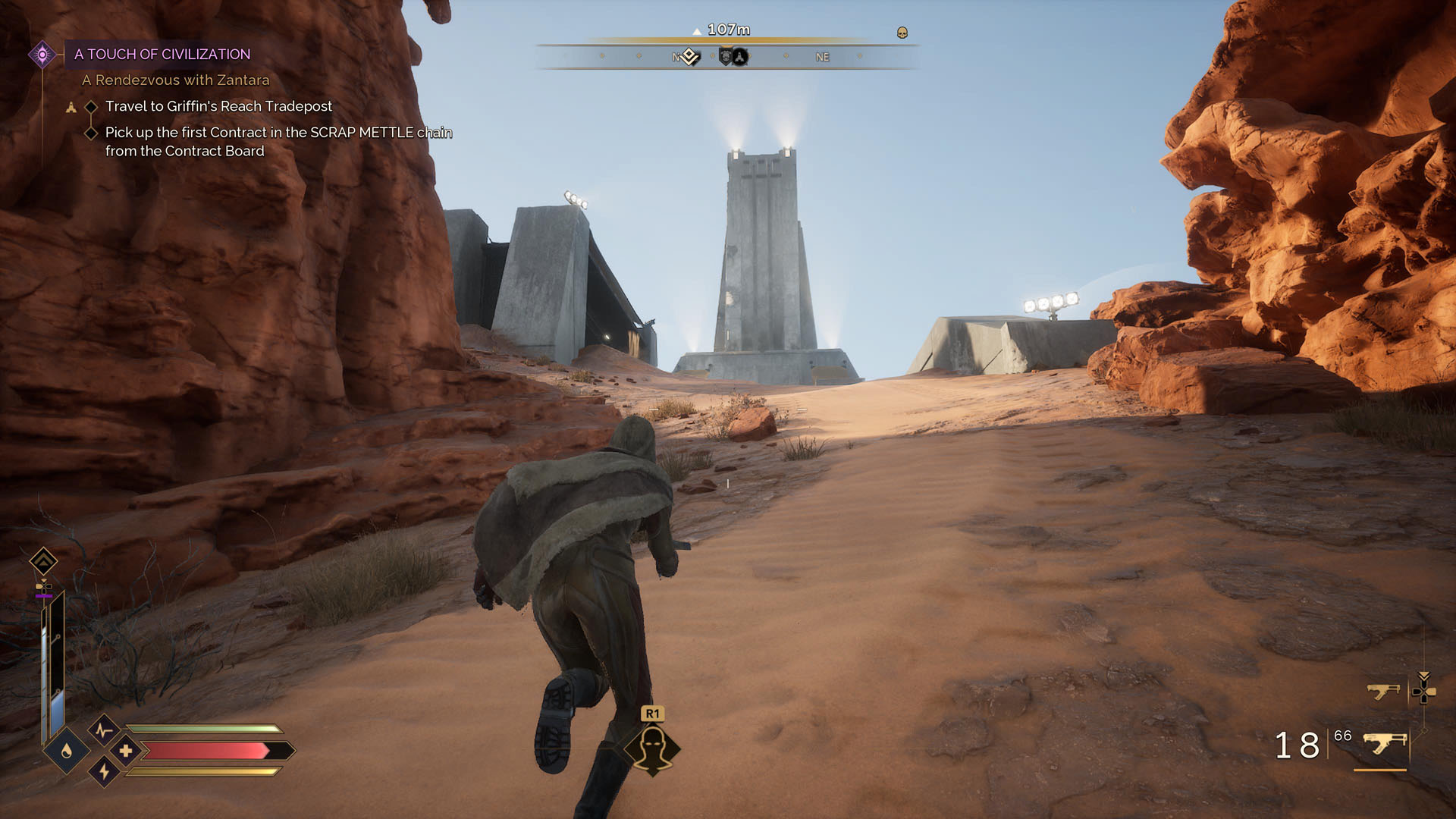 Running towards a concrete base in Dune Awakening on PS5 during the A Touch of Civilization quest