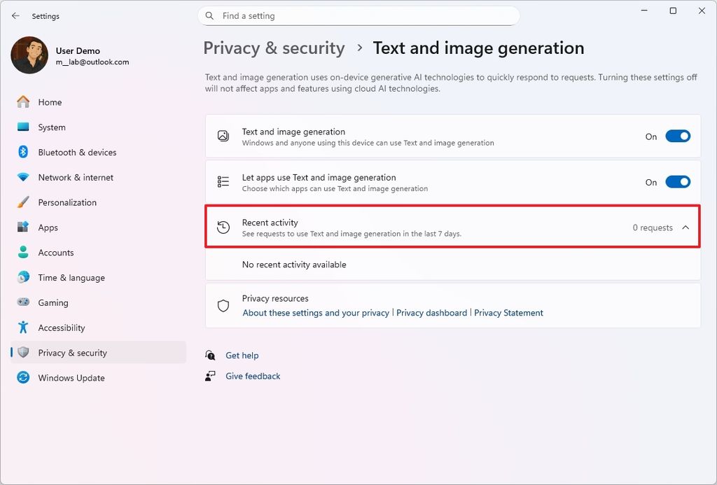 Recent Activity feature for AI