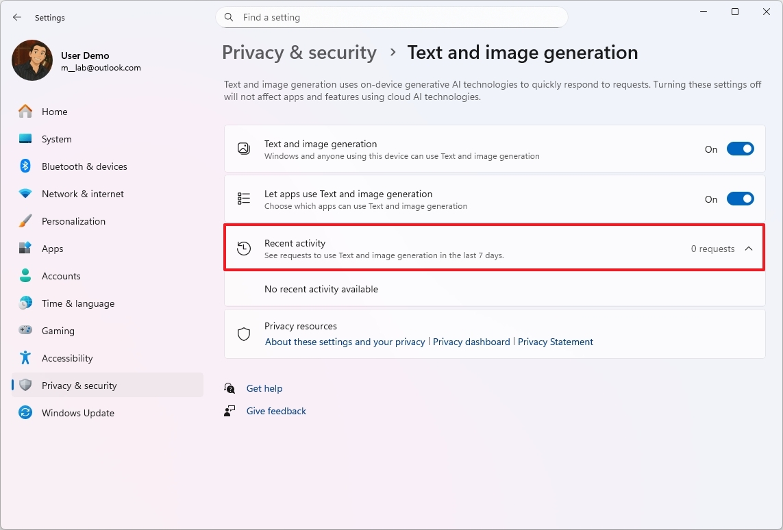 Recent Activity feature for AI