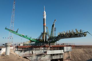 A Russian Soyuz rocket sits atop its launchpad at the Baikonur Cosmodrome, Kazakhstan on Nov. 14, 2016, just days ahead of the Nov. 17 launch of three new members of the Expedition 50 crew to the International Space Station.