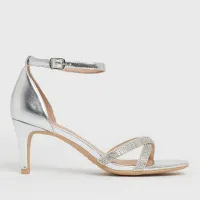 4. New Look Wide Fit Silver Diamanté Mid Heel Sandals