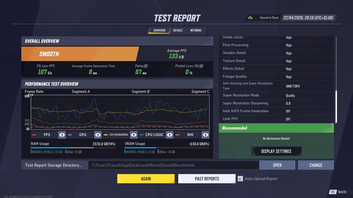 Marvel Rivals PC game benchmark running on a Radeon RX 9070 XT graphics card, showing performance results graphs and settings