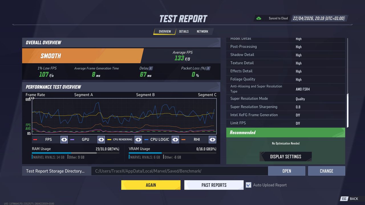 Marvel Rivals PC game benchmark running on a Radeon RX 9070 XT graphics card, showing performance results graphs and settings