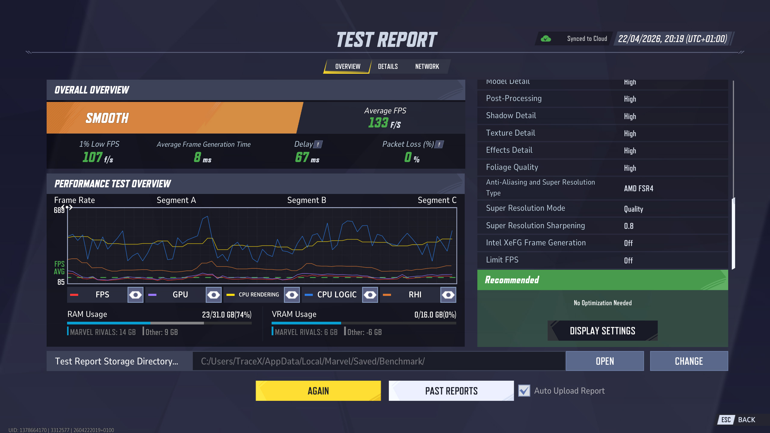 Marvel Rivals PC game benchmark running on a Radeon RX 9070 XT graphics card, showing performance results graphs and settings