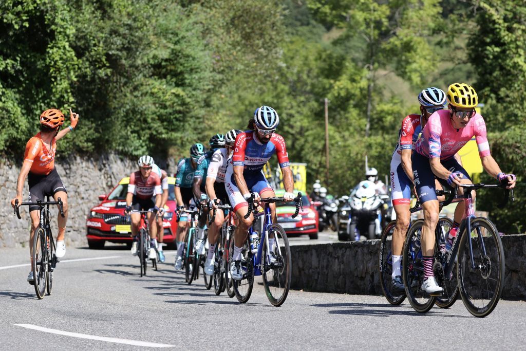 From R Escapees Team Education First rider US Neilson Powless Team Total Direct Energie rider Frances Fabien Grellier Team Total Direct Energie rider Frances Jerome Cousin Team Sunweb rider Denmarks Soren Kragh Andersen Team Vital Concept Cycling Club rider Frances Kevin Reza Team Vital Concept Cycling Club rider Frances Quentin Pacher Team Trek rider Latvias Toms Skujins Team CCC rider Russias Ilnur Zakarin ride during the 8th stage of the 107th edition of the Tour de France cycling race 140 km between CazeressurGaronne and Loudenvielle on September 5 2020 Photo by KENZO TRIBOUILLARD AFP Photo by KENZO TRIBOUILLARDAFP via Getty Images