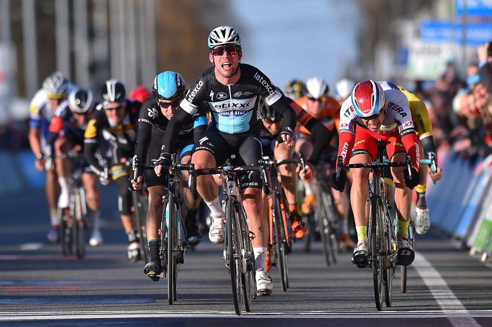 Mark Cavendish celebrates his second win at Kuurne-Brussel-Kuurne.