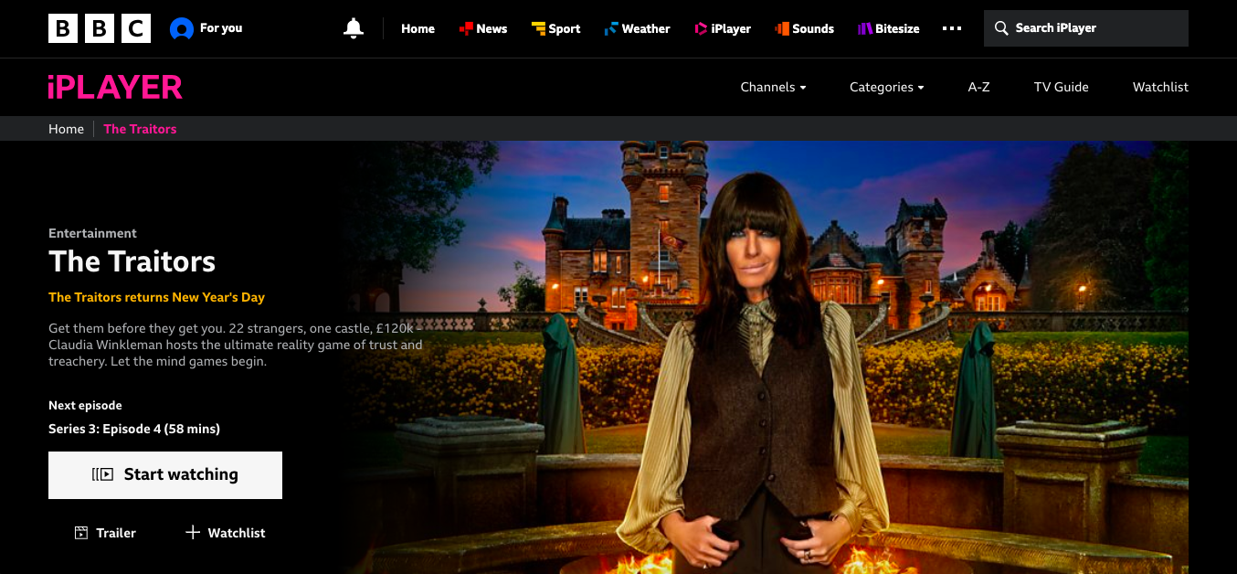 A screenshot of The Traitors page on BBC iPlayer