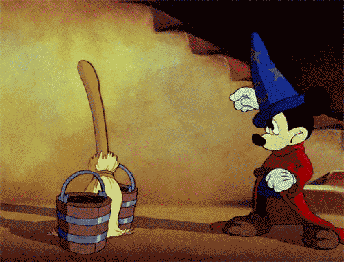 Micky Mouse animates a broom with his magical wizard powers in Disney's Fantasia.