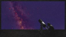Photo collage of a man looking at red stars in the sky through a telescope