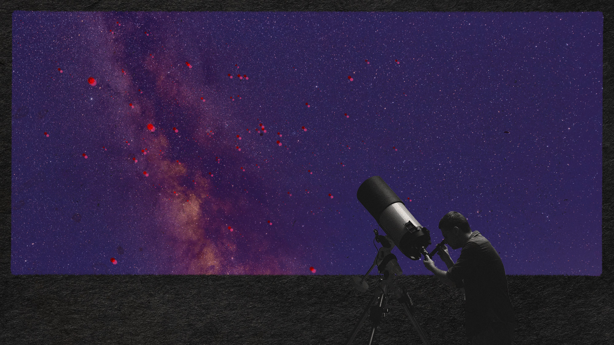 Photo collage of a man looking at red stars in the sky through a telescope