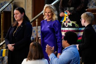 Jill Biden wearing a purple dress by Lapointe