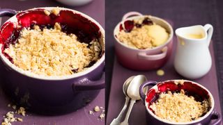 Comp image of apple and Dark Fruit Crumble with Vanilla Custard